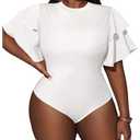 WDIRARA Women's Plus Size Layered Ruffle Short Sleeve Bodysuit Crew Neck Leotard Tops White 3X-Large Plus