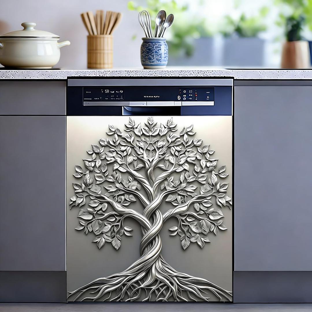 Floral Dishwasher Magnet Cover, Metallic Feel Refrigerator Door Panel, Cute Cat Refrigerator Home Appliance Magnet, Easy to Trimm, Sizes 23×25.5inches (Tree of Life-1), 23 x 25.6 inches