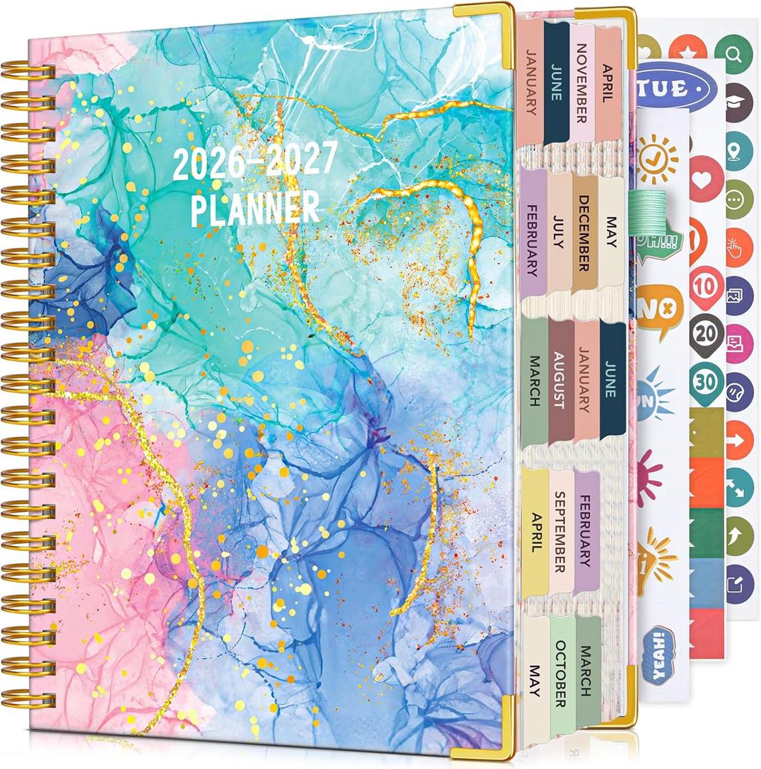 Planner 2026-2027, 18 Months Weekly and Monthly Daily Planner from January 2026 - June 2027, 5.75" x 8.38" A5 Hardcover Agenda Organizer Book 2026 with Tabs, Spiral Yearly Calendar Planners for School Work Home, Pink Blue Marble