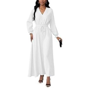 MsavigVice Maxi Dresses for Women Casual V Neck Long Sleeves Elastic Waist Loose Floor Length Church Dress, No Size