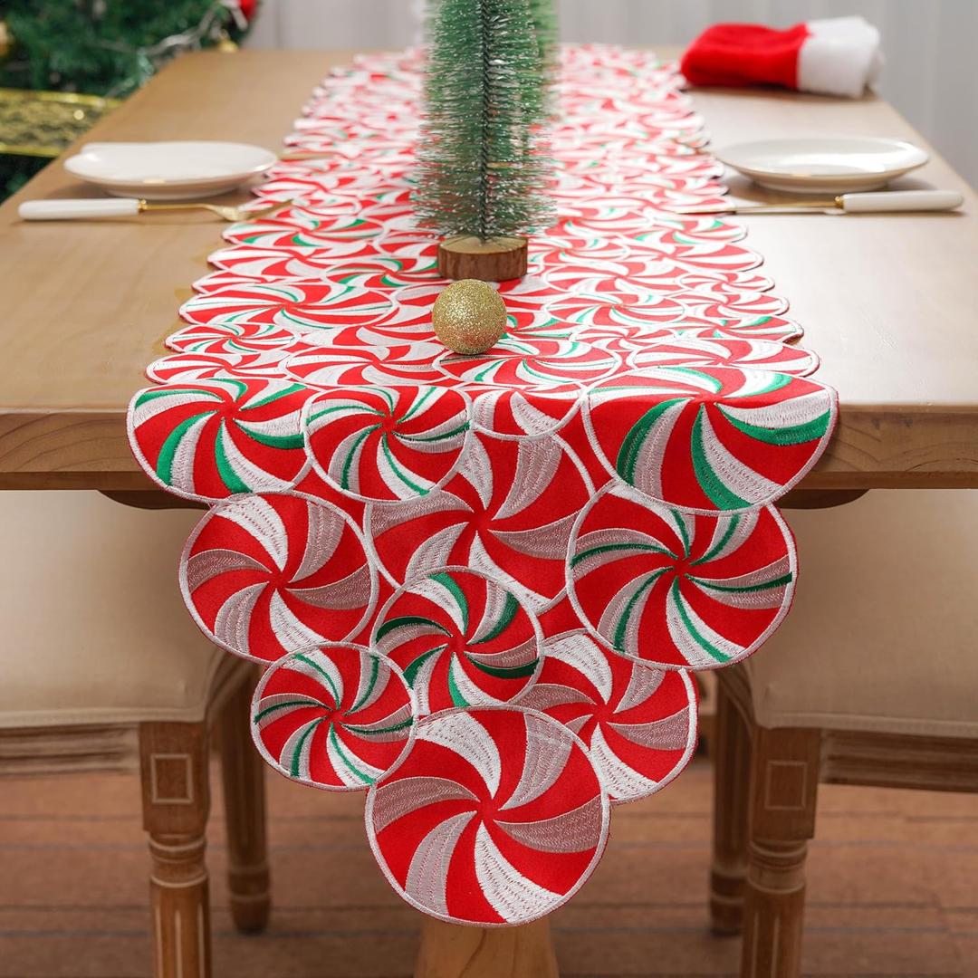 Candy Cane Christmas Decorations Peppermint Table Runner for Home Seasonal Red Winter Xmas Holiday Indoor Kitchen Dining Decor 14x70 Inch