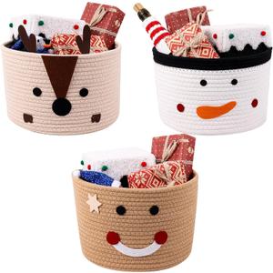 3 Pieces Christmas Woven Baskets Empty, 10.6*6.8inch Small Cute Designs Holiday Cotton Rope Baskets for Christmas Gift, Holiday Decor & Storage(Snowman + Gingerbread Man + Fawn)