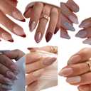 6 Packs (144 Pcs) French Tip Press on Nails Medium Almond Fake Nails with Glitter Design Full Cover False Nails Press ons Glossy Reusable Glue on Nails Artificial Stick Kit on Nails for Women