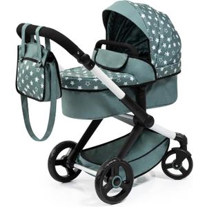 Bayer Doll Stroller Xeo: Realistic Baby Pram for Kids, Green Stars with Handbag, Ages 3+
