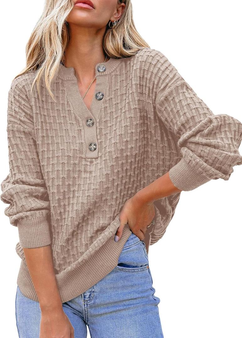 Dokotoo Womens Sweaters 2025 Casual Long Sleeve Henley Shirts V Neck Textured Button Fall Sweater Loose Fit Jumper Tops (Large, Khaki)