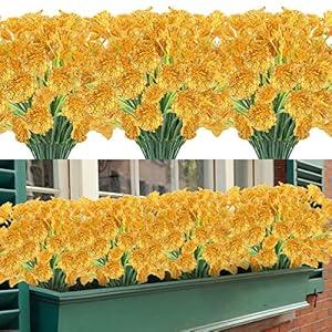 Artificial Flowers 12 Bundles Outdoor UV Resistant Fake Flowers No Fade Faux Plastic Greenery Shrubs Garden Porch Window Box Decorating (Yellow)