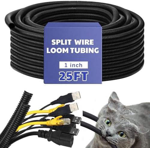 Kanayu Split Flame Retardant Wire Loom High Temperature Cable Conduit Split Cable Sleeves Loom Tubing Auto Wire Conduit for Industrial Electrical Automotive Marine(1''-25 ft, Black)