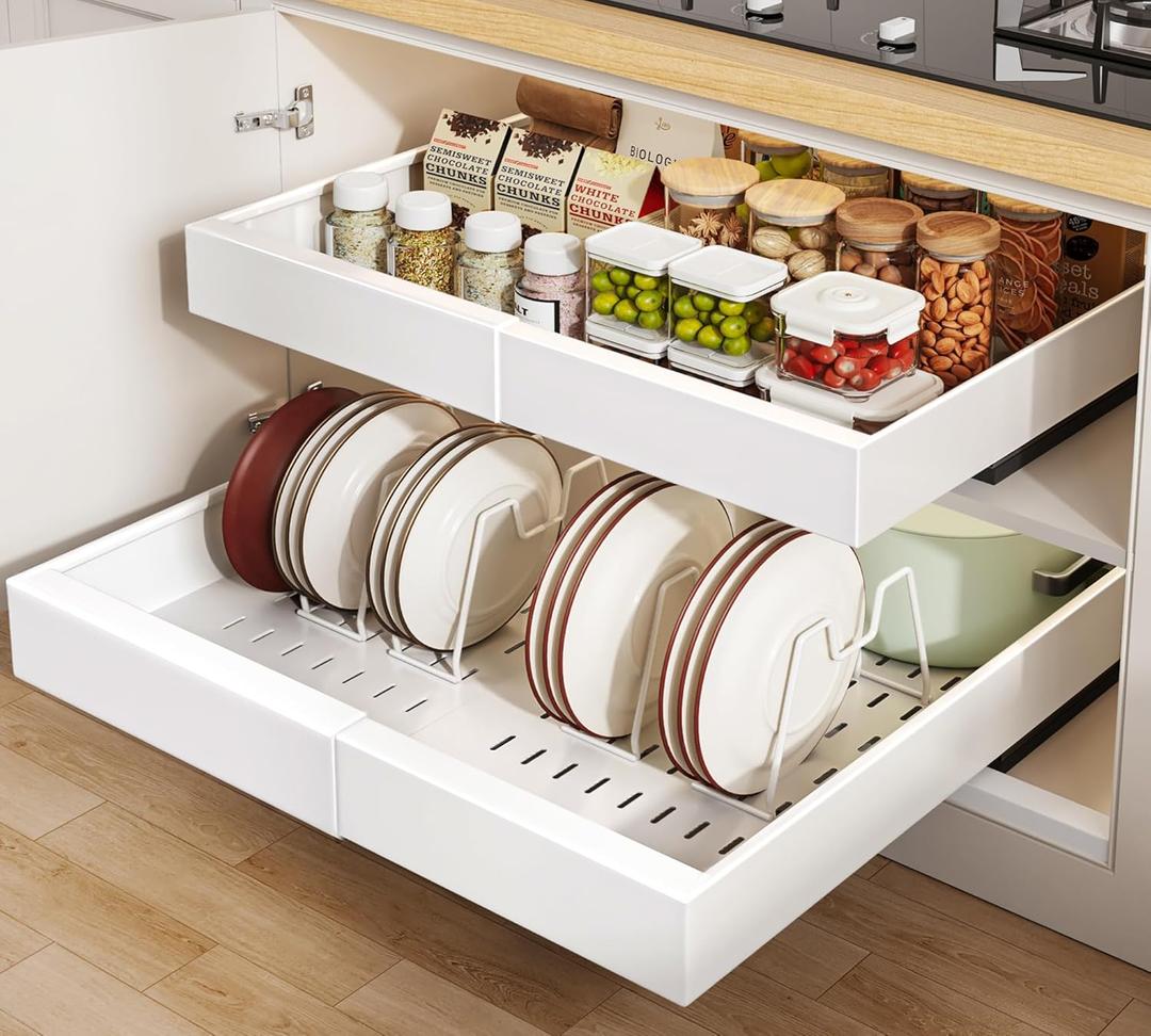 2 Pack Pull out Cabinet Organizer 21"Deep with Raising Pad for Framed Cabinets, Expandable Slide out Drawers for Kitchen Cabinets with 4pcs Divider Racks, Roll out Shelves 12.1"-20.4" W White (12.1"-20.4"W x 21"D(2Pack), White)