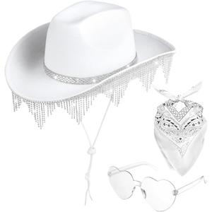 Homaisson White Cowgirl Hat for Women, Sparkly Cowboy Hat with Sunglasses Bandanas Glitter Cowgirl Hat for Themed Party Costume (White)