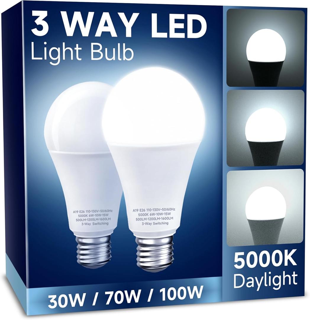 UNILAMP 3 Way LED Light Bulbs, 30/70/100W Equivalent, Daylight White 5000K, A19 Three Way Light Bulbs with E26 Medium Base, 2 Pack for Desk and Floor Lamps