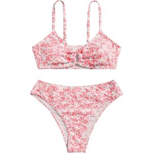 QJQ Girl's 2 Piece Swimsuits Disty Floral Ring Linked Bathing Suit Cute Bikini Sets (Dark Pink)