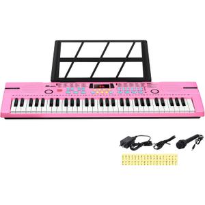 Kids Keyboard 61 Keys, Beginner Electronic Piano with One-Key Teaching 100 Tones & Rhythms, Portable Music Keyboard for Children with Microphone, Music Stand [Pink, Compact]