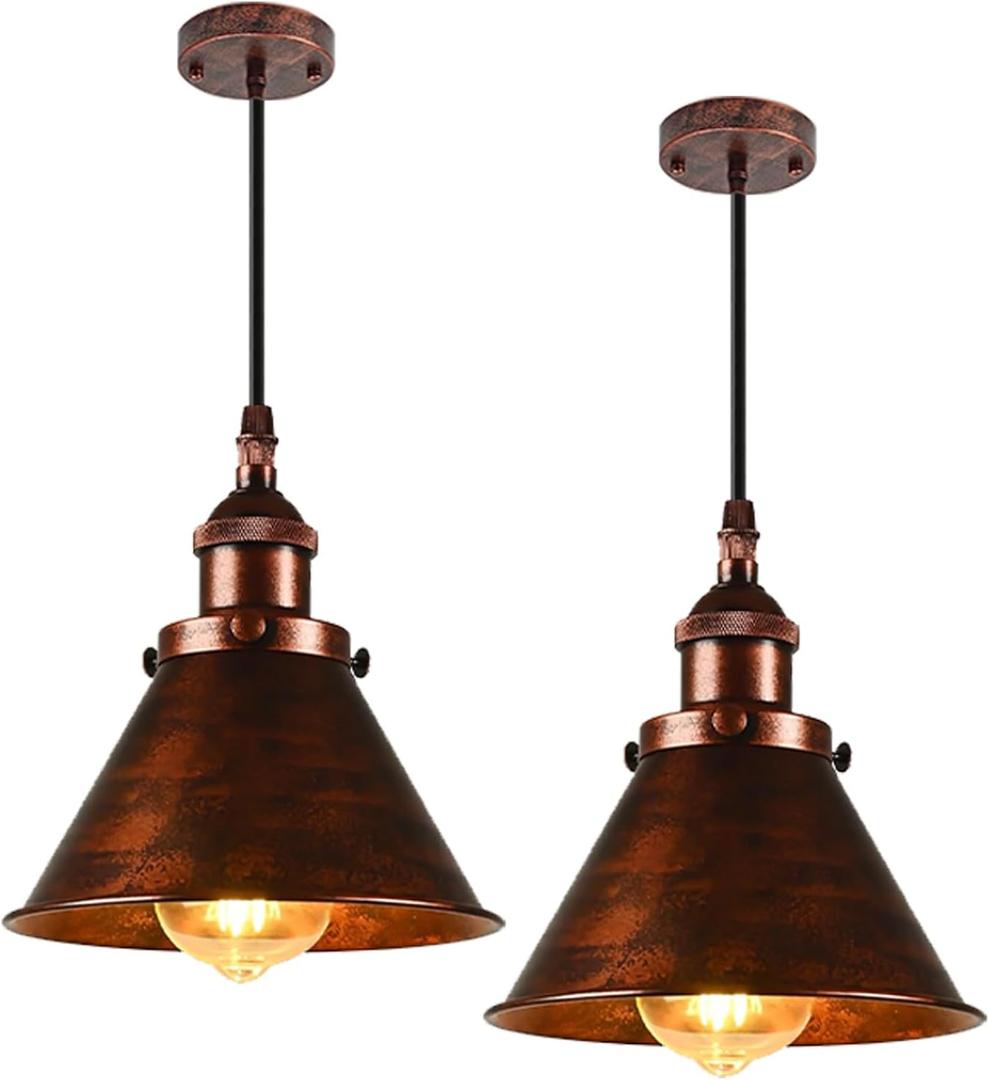 TAKEGO 7.09" Copper Pendant Light Set of 2, Rustic Pendant Light Kitchen Island, Vintage Farmhouse Light Fixtures, Hanging Ceiling Lamp for Kitchen Island, Hallway, Dining Room
