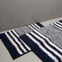 Tindbea Bathroom Rugs Set 2 Piece, Extra Soft and Absorbent Fluffy Striped Chenille Bath Mat Rug Set, Non Slip Bathroom Floor Mat, Machine Washable (20" x 32" Plus 16" x 24", Navy Blue)