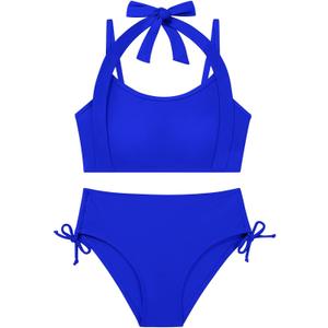9-16Y Teens Girls Bikini Sets 2 Piece Halterneck Swimsuit Adjustable Straps Bathing Suits Swimwear with Drawstring (9-10 Years, Royal Blue)