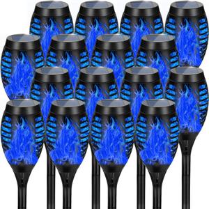 Solar Lights Outdoor, Upgraded 16 Pack Blue Solar Torch Light with Flickering Flame for Garden Decor, Waterproof Outdoor Lights Solar Powered, Tiki Torches for Outside Yard Patio Pathway Decor