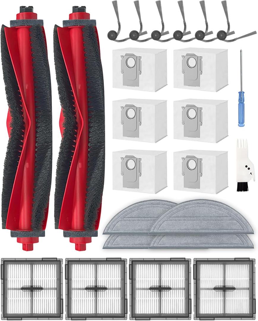 24 Pcs Accessories Kit for Roborock Q10 S5+ Robot Vacuum Cleaner, Replacement Parts with 2 Main Brush, 6 Side Brushes, 4 HEPA Filters, 6 Dust Bags, 4 Mop Pads, 1 Cleaning Brush