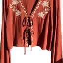 SHENHE Women's Fall Linen Peasant Blouse Tie Front Long Sleeve Floral Embroidered Top Shirt (Brown, S)
