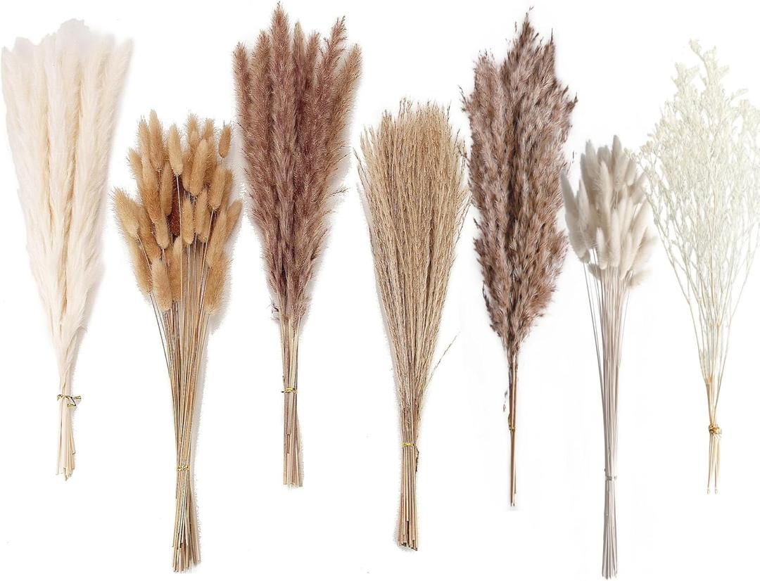 Dried Pampas Decoration, 128 Pieces Pampas with Rabbit Tail Flowers, Reed Bouquet for Wedding, Bohemian Flowers, Home Table Decoration, Rustic Farmhouse Party