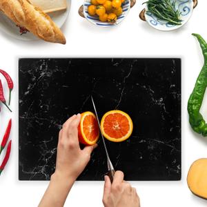 Glass Cutting Board 16"x12": Tempered Glass Kitchen Counter Protector - Durable- Scratch-Resistant, Heat-Proof - Design 1 - Black Marble Effect