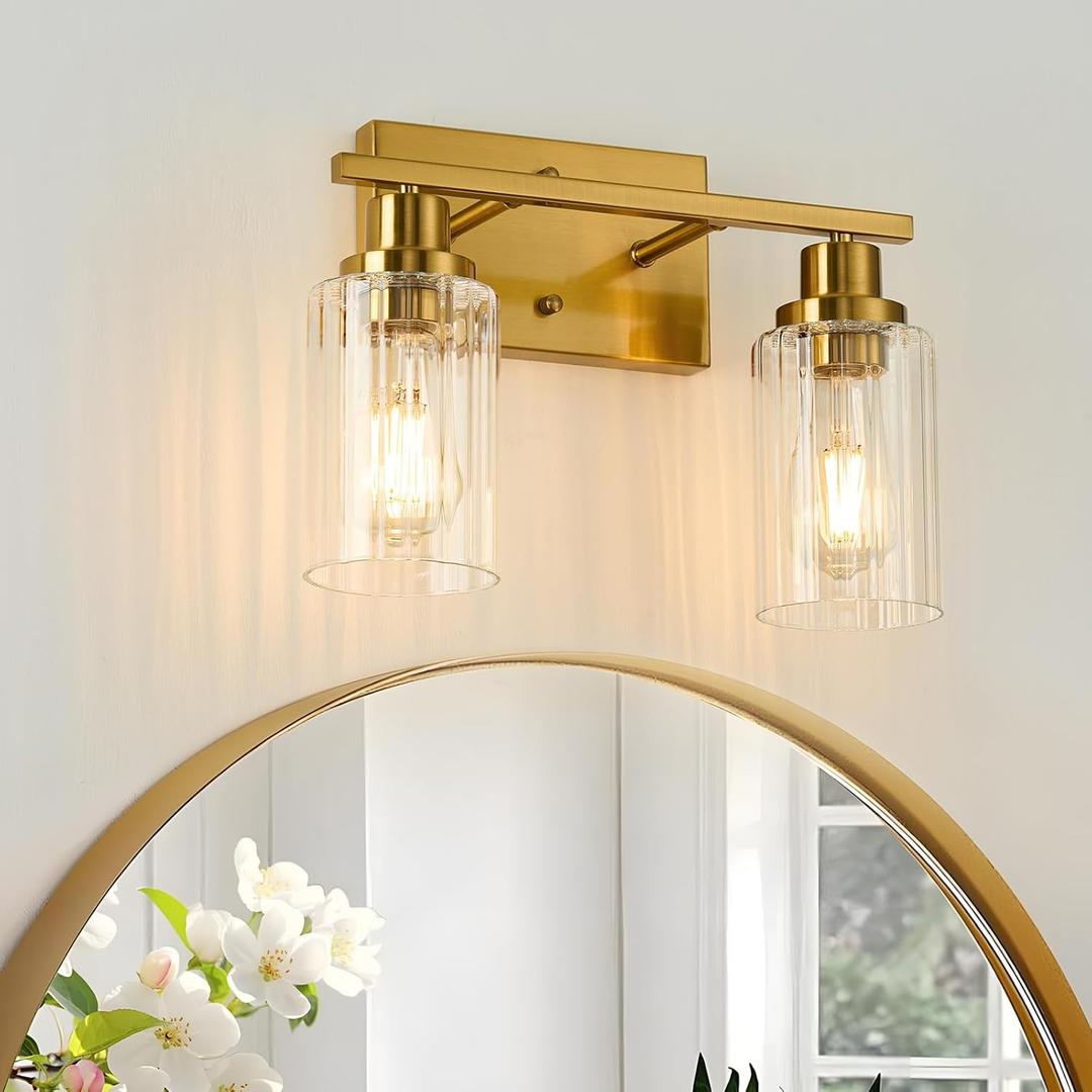 Jonsi Gold Bathroom Light Fixtures, 2 Light Brushed Gold Vanity Lights With Fluted Glass Shade, Modern Lights Over Mirror, Vanity Lighting Fixtures (2 Light 13.8 Inch)