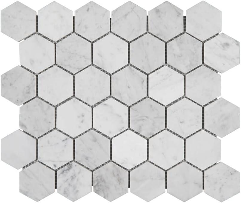 Carrara White Marble Mosaic Tile, Polished, Carrara White Marble Mosaic for Kitchen Bathroom Wall Floor Backsplash Shower, 5 Sheets, 2 Inch Hexagon