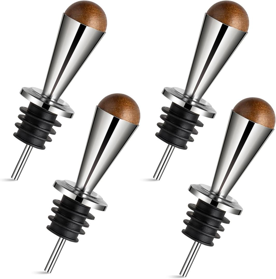 3 x ZPUFAW 4 Pack Liquor Pour Spouts with Wooden Ball Caps, 2 in 1 Function Pour Spouts, Funnel for Transferring Olive Oil Liquid, 18/8 Stainless Steel Spouts
