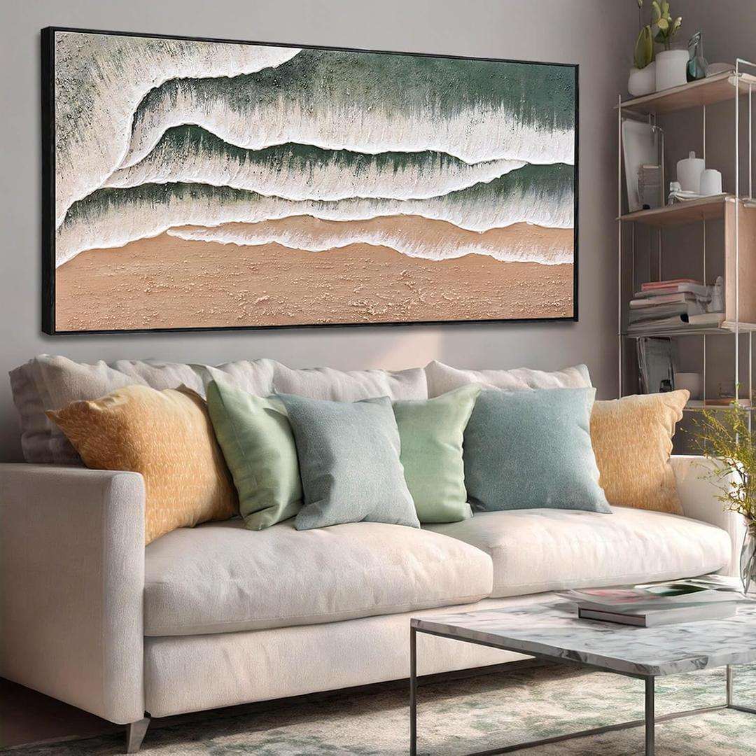 Green Abstract Framed Canvas Wall Art/White Pink Textured Pictures/Minimalist Green Color Art Print for Living Room,Bedroom Dining Room Office 24"x48"