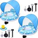 2 Sets Motorized Pool Float for Adults, Electric Inflatable Pool Lounger with Canopy, Float Chair Tube with Pusher Handles, Cup Holder, Foot Pump for Summer Swimming Party Beach Water Lake(Blue)