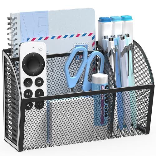 YINGHUA Magnetic Desk Organizer - 3 Compartment Metal Mesh Pen Holder for Locker, Whiteboard, Refrigerator, Office - Black Caddy