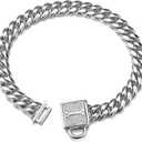 Dog Chain Collar, 12MM Heavy Duty Cuban Chain Collar, 316L Stainless Steel Silver/Gold Dog Training Collar with Bling Zirconia Lock Luxury Dog Necklace for Small Medium Large Dogs(24'', Silver)