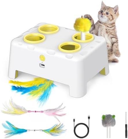 Cat Toys, Interactive Cat Toys, 2-in-1 Moving Concealed Feathers, 4 Holes Mice Whack A Mole Cat Kitten Toy Exercise Toys for Indoor Bored Adult Cats, USB Rechargeable Electronic Kitten Toys (White)