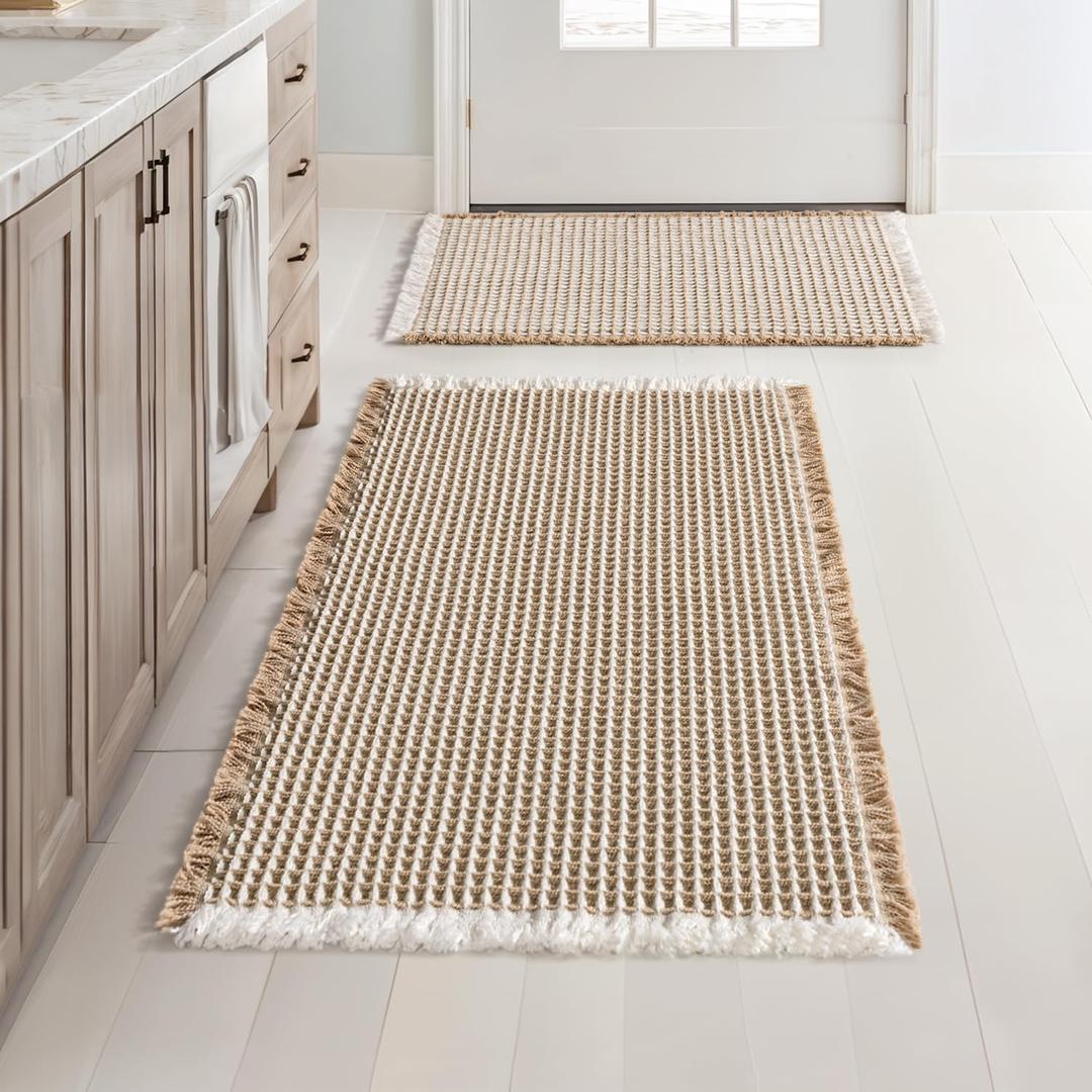 MIULEE Set of 2 Waffle Bathroom Rugs, Boho Bath Rugs Non Slip Washable, Super Absorbent Bath Mats, Ultra Soft Rubber Backed Shower Mats for Bathroom Floor, Tub, Brown & White, 17"x24"+18"x30"