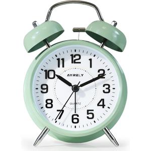 AYRELY Super Loud Twin Bell Alarm Clock for Heavy Sleepers, 4-Inch Silent Non-Ticking Quartz with Backlight, Metal Cute Clock for Kids' Rooms (Saga Green)