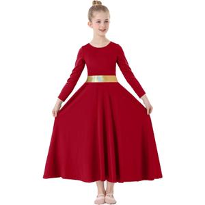TLMNU Girls Praise Dance Dress Metallic Gold Liturgical Worship Church Robe Full Length Swing Lyrical Costume (9-10 Years, 10 Red)