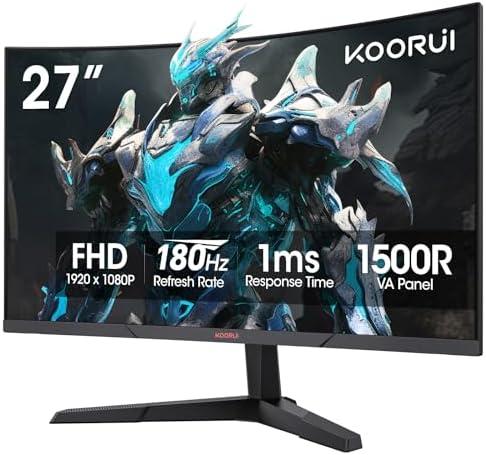 KOORUI 27 Inch Curved Gaming Monitor, Full HD 1080p 1500R 180Hz Computer Monitor, 99% sRGB, Adaptive Sync, Display Port 1.2x1 & HDMI 2.0x2, Eye Care, VESA Compatible, Black 27E6CA KOORUI 27 Inch Curved Gaming Monitor, Full HD 1080p 1500R 180Hz Computer Monitor, 99% sRGB, Adaptive Sync, Display Port 1.2x1 & HDMI 2.0x2, Eye Care, VESA Compatible, Black 27E6CA