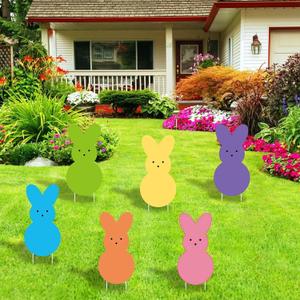 2 x Easter Yard Bunny Outdoor Decorations - 6 PCS Easter Yard Peeps Stakes - Double Sided Party Decorative Signs for Yard Home Lawn Patio Garden