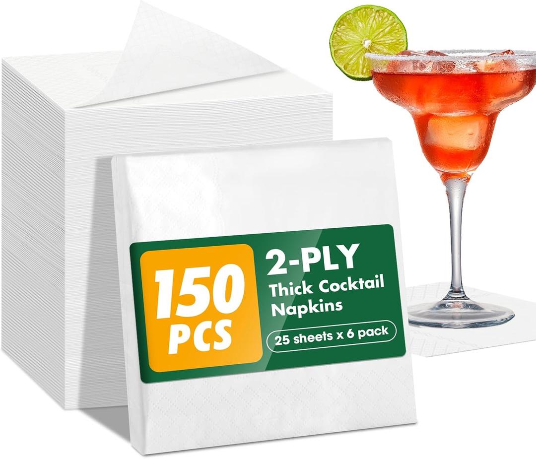150 Count Cocktail Napkins Paper, 2-Ply White Napkins Disposable, Dinner Party Napkins for Christmas Wedding Bar Holiday Dining Party and Everyday, Folded Size 4.5 x 4.5 Inch