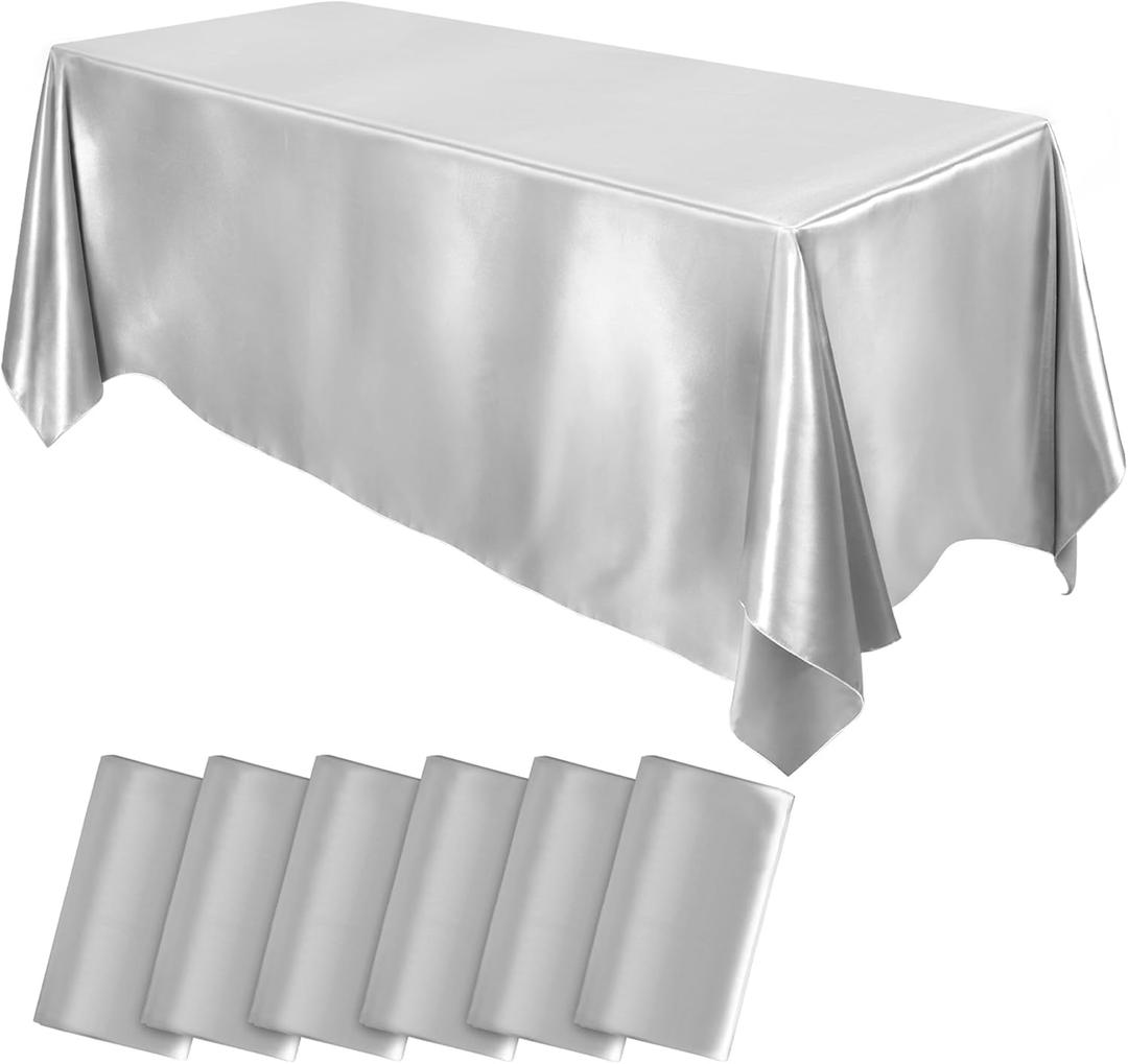 MCEAST 6 Packs Satin Tablecloth 102 x 58 Inches Rectangular Table Overlay Cover Bright Silk Tablecloth Smooth Fabric Table Decor for Wedding Banquet Decoration (Silver)