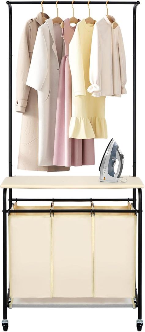 MYOYAY 3 Section Laundry Sorter with Garment Hanging Bar Rack Foldable Ironing Board, Laundry Basket Organizer Heavy Duty Laundry Hamper Rolling Cart with Lockable Wheels and 3 Removable Bags