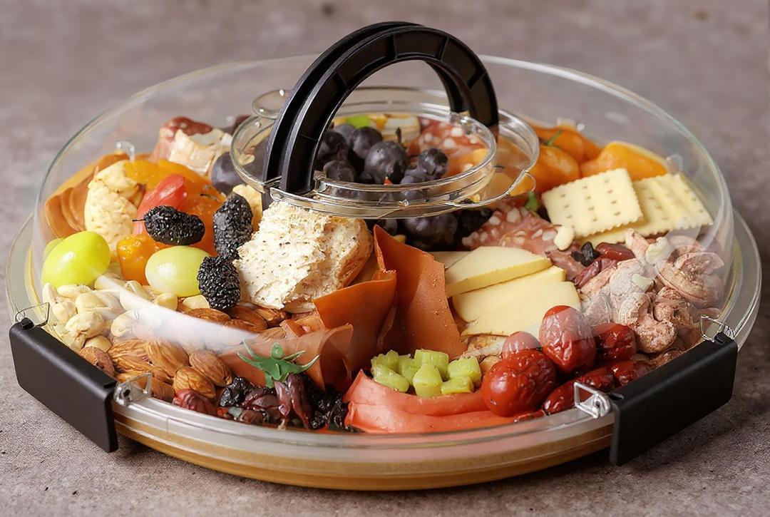 Round Charcuterie Board with Clear Lid, Travel Picnic Portable Cheese Board Charcuterie Boxes, Meat Fruit Serving Tray Platter, House Warming Gifts New Home, Gifts for Women (5 Compartments-round-black)