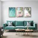 HOURIA Summer Surfboard Beach Framed Canvas Wall Art Set,Modern Ocean Surfing Seascape Wall Decor,Coastal Bus Coconut Tree Wall Painting,Nature Botanical Art Prints for Living Room, Bedroom-24 x36 x3