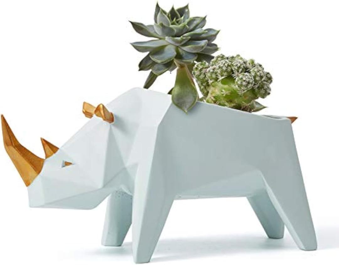 HAUCOZE Rhino Statue Planter Succulent Pot Modern Animal Sculpture Home Decor Gift for Living Room Office 7.1 Inch