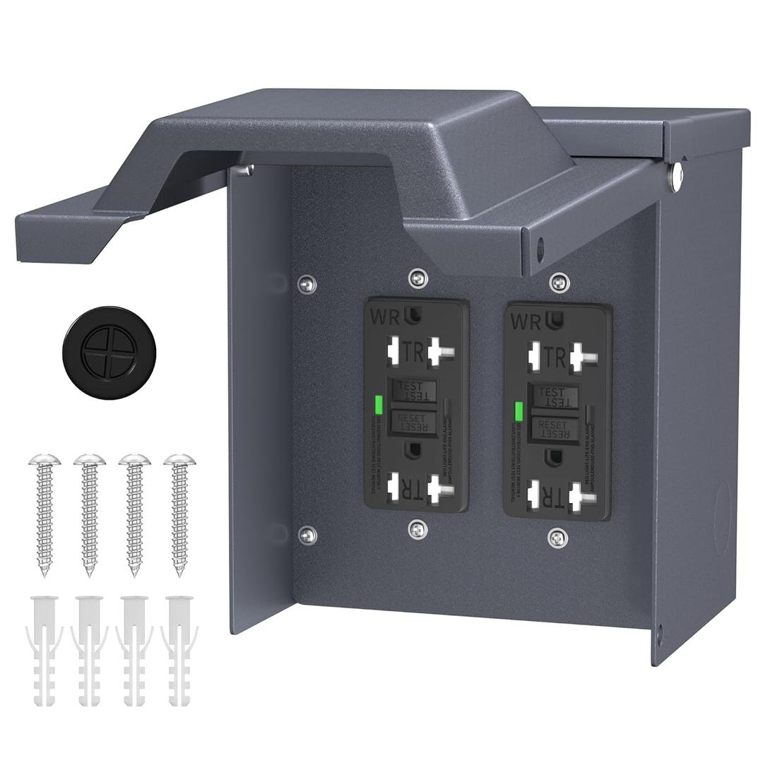 Joinfworld Outdoor Electrical Outlet Box with Dual 20 Amp WRTR GFCI Receptacles ETL Listed Waterproof GFCI Outlet Box with Cover