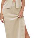 Pink Queen Women's Summer 2 Piece Outfit Set V Neck Button Crop Tank Top Vest Bodycon Maxi Long Skirt Waffle Knit Dress (Apricot, Size M)