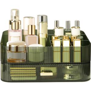 Makeup Organizer with Stackable Drawer, Large Capacity Vanity Organizer for Dresser Bathroom Countertop, Cosmetics Organizer and Display Case for Skincare, Perfume, Makeup Brushes, Lipsticks, Green