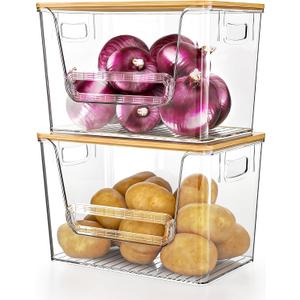 Delamu 2 Set Pantry Organizers and Storage, Waste Bag Holder Under Sink Organizer for 4-13 Gal Bags, Waste Bag Dispenser with Bamboo Top for Onion, Potato, Garlic, Clear (11-7/32"L7" W7-1/8"H)