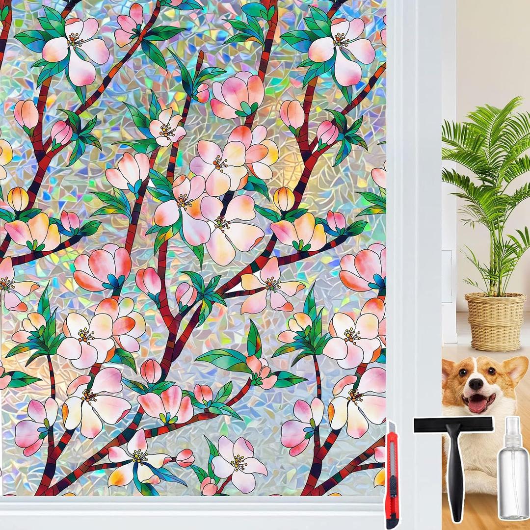 Rainbow Window Privacy Film Decorative Window Sticker, 3D Static Stained Glass Cling Tint for Home Heat Control Non-Adhesive, 35.4 x 78.7 inches