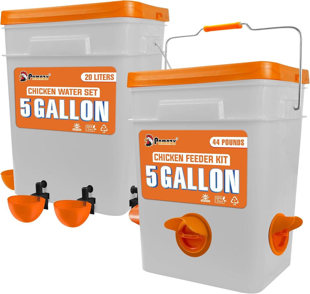 5-Gallon/44 Pounds Automatic Chicken Feeder & Waterer Set(2 Buckets), Chicken Feeder Port & Water Cup No Waste, Rain Proof Poultry Feeder, Avoid Small Animals Suitable for Chicken, Duck, Turkey
