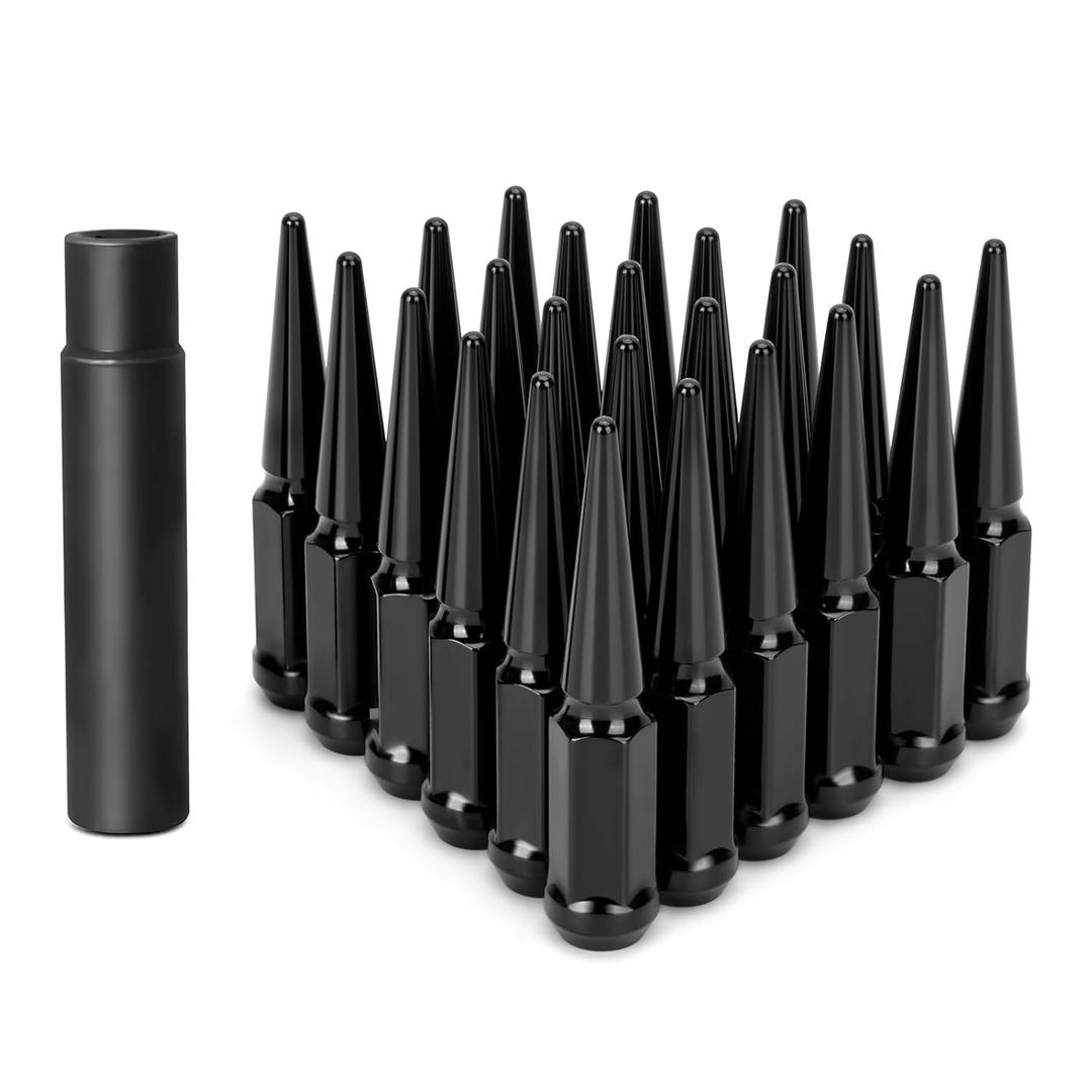 KSP M14x1.5 Spike Lug Nuts for Silverado 1500, 24PCS Black 14x1.5 Wheel Lug Nuts for F150 Sierra 1500, 14mm x 1.5 Bulge Acorn Lug Nut with 1 Socket Key for Aftermarket Wheel